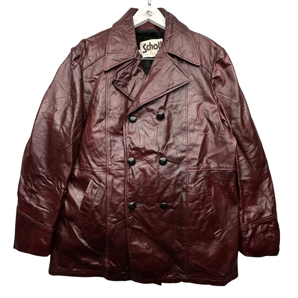 Vintage Schott Bros Double Breasted Peacoat Leather Coat Mens 44 Large Burgundy